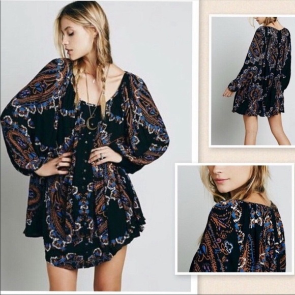 Free People Black Paisley Button Front Tunic Top - Picture 1 of 10